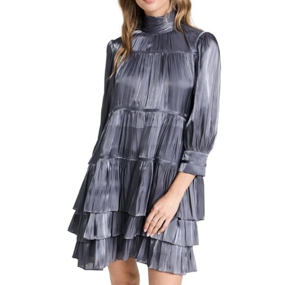 CINQ À SEPT 'Riva' Tiered Satin Plisse Mini-Dress, Iridescent Slate - Picture 2 of 5